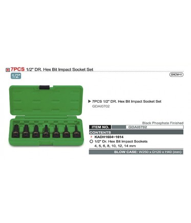 Набор головок ударных HEX 1/2" 4-14мм 7ед. TOPTUL GDAI0702
