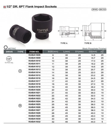 Головка торцевая ударная 1/2" 8мм TOPTUL KABA1608