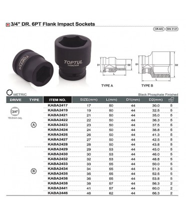 Головка торцевая ударная 3/4" 34мм TOPTUL KABA2434