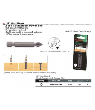 Насадка 1/4" 50мм PH2 2в1 (бита+зенковка по дереву) 2шт. TOPTUL FWAA0802G